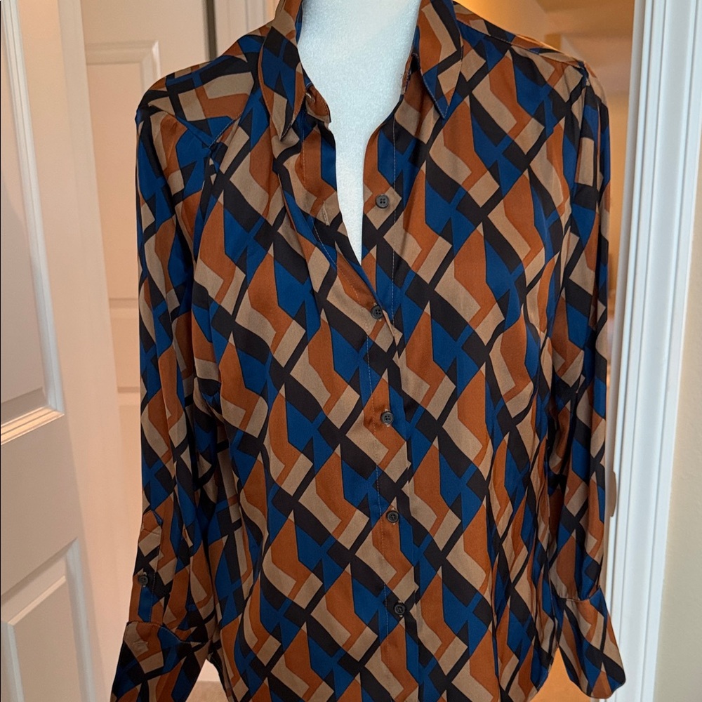 Banana Republic Women's Geometric Print Button-Up Blouse in Brown & Blue